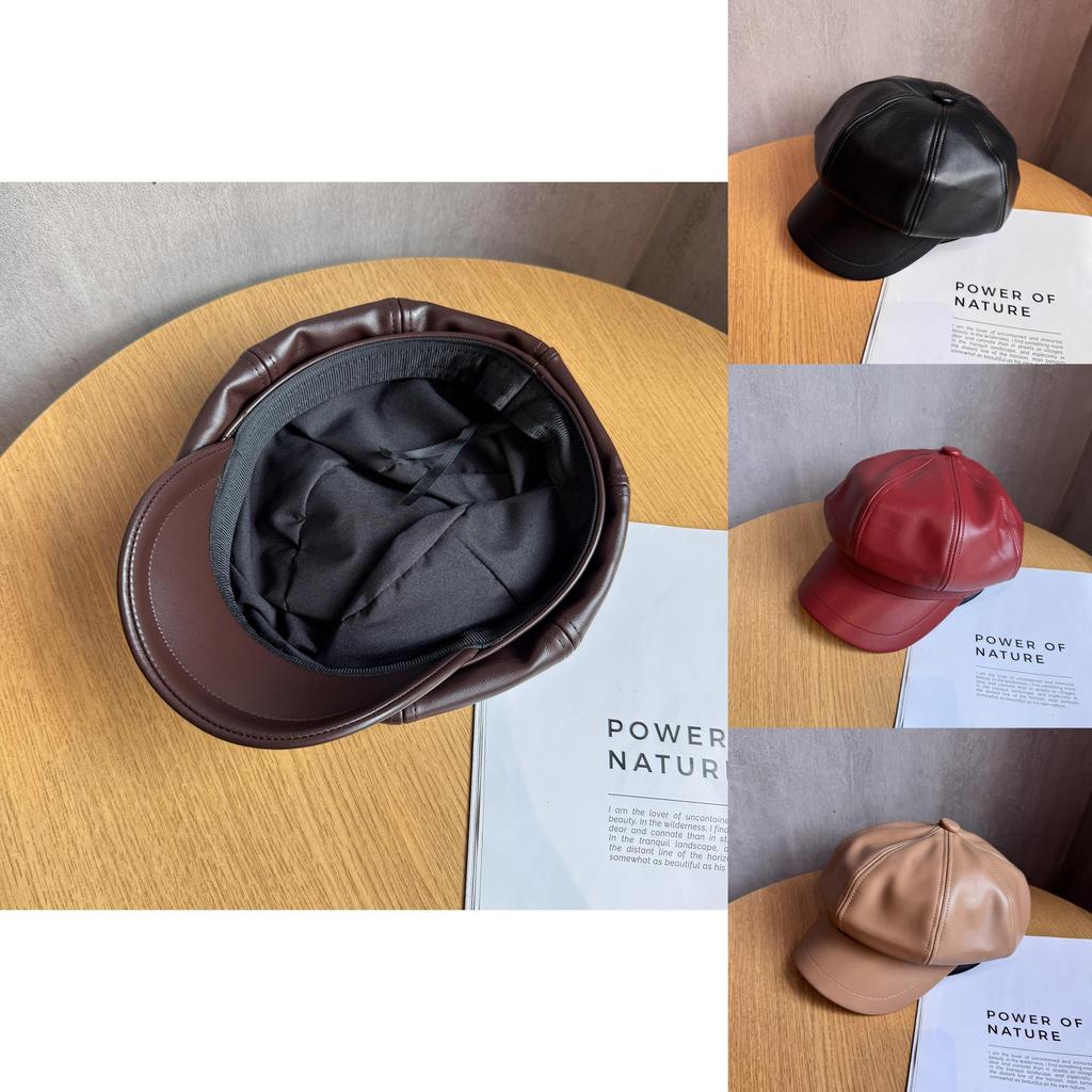 Pu Leather Octagonal Hat For Women With Sun Protection Chic Winter Fashion Accessory