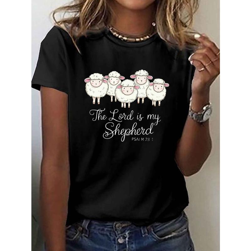 

The Lord Is My Shepherd Print T-shirt, Short Sleeve Crew Neck Casual Top for Summer & Spring, Women s Clothing S чёрный