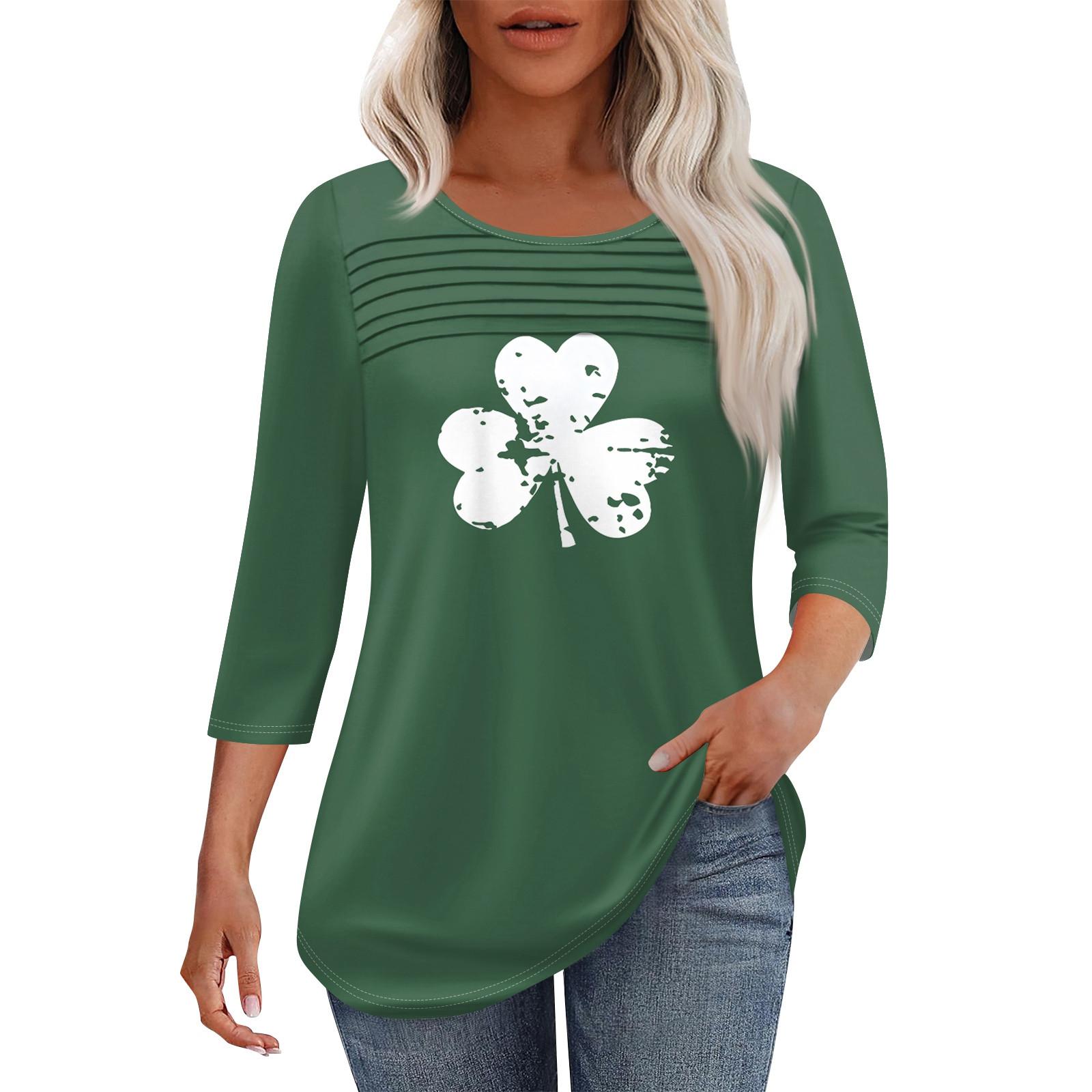 

Женская мода круглый вырез шея плиссированная передняя планка однотонный топ рукав 3/4 L армия зеленый