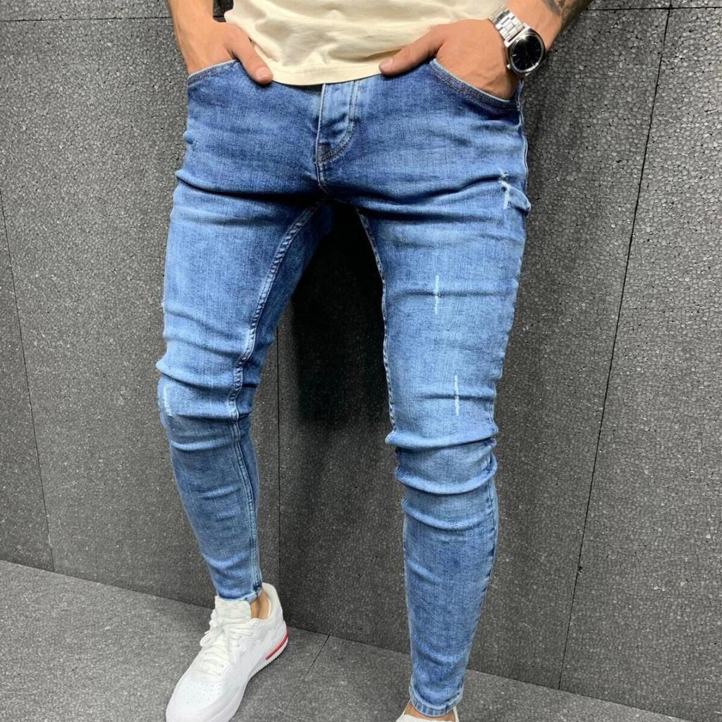 Jeans da uomo per tutte le stagioni a vita media, elasticità media, cotone, lavati, casual, gamba stretta