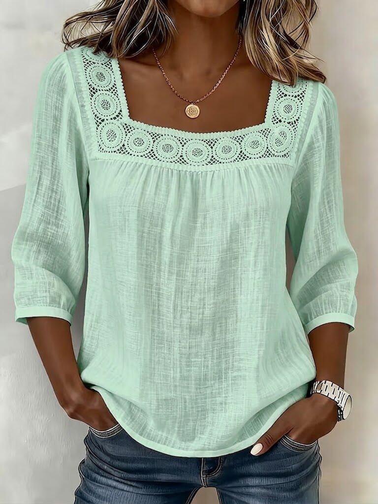 Women's Square Neck Lace Trim 3/4 Sleeve Blouse Multi Colors Casual Top