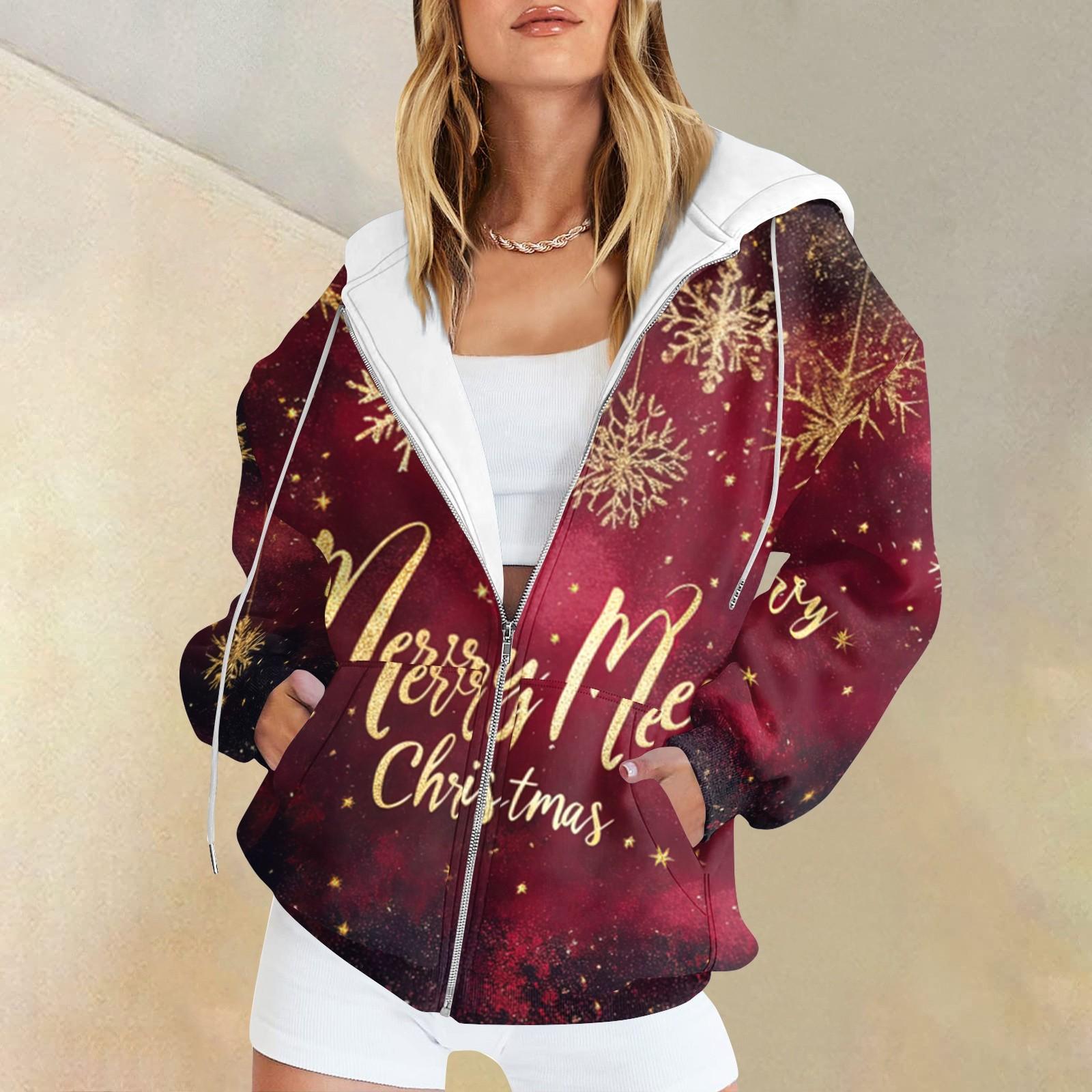 

Женская мода повседневная рождественская принтовая толстовка зимняя с длинным рукавом кардиган куртка с карманом на молнии толстовка с капюшоном куртка S арбуз красный