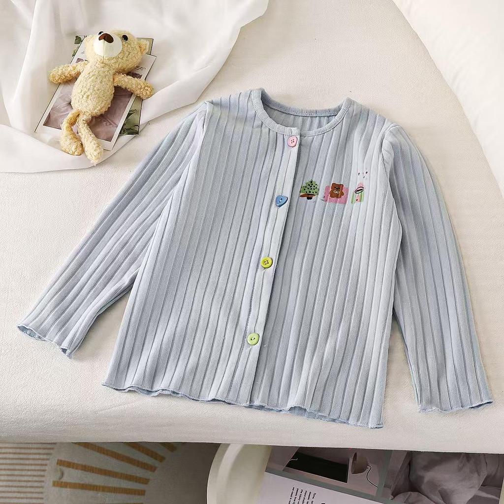 Korean Style Cartoon Cardigan: Colorful Button Long Sleeve Jacket for Baby Girls