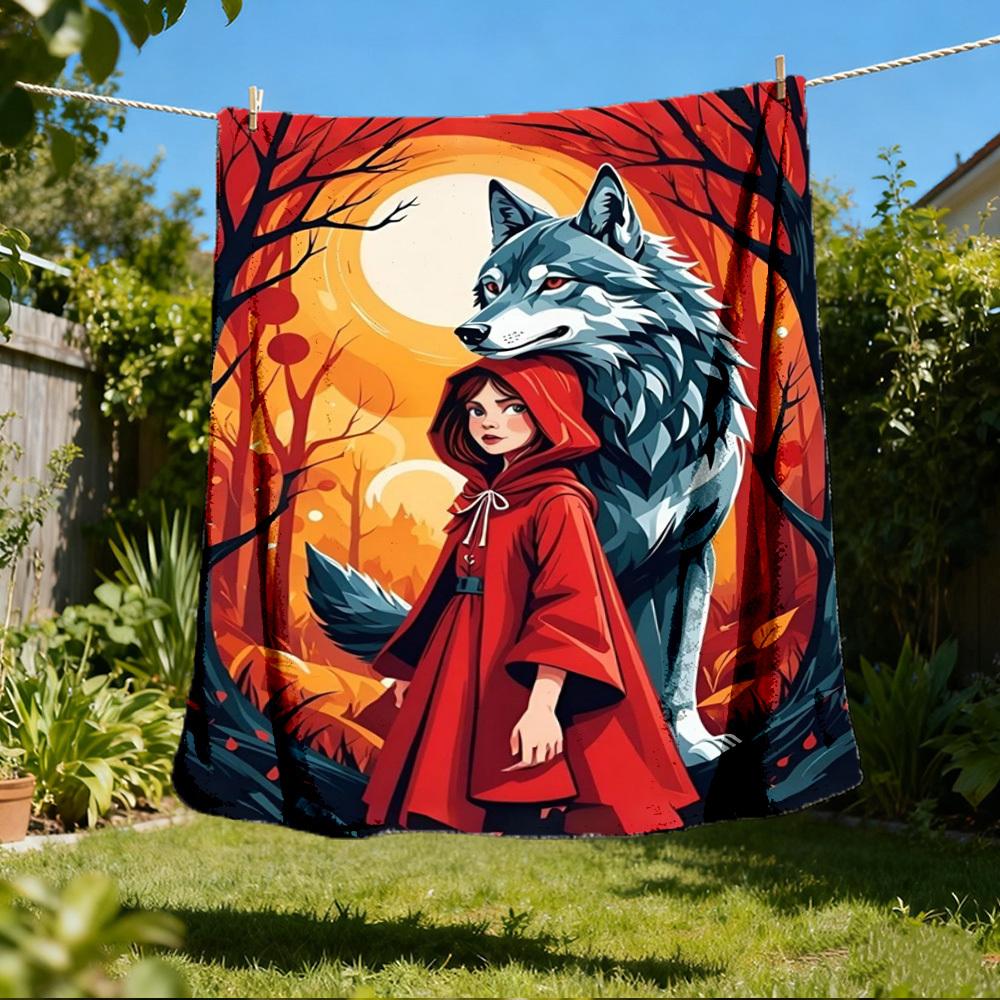 1pc Wolf Red Riding Hood Throw Blanket Polyester Fiber, Lightweight Flannel, Soft & Warm, All Season Use for Outdoor, Camping Digital Print