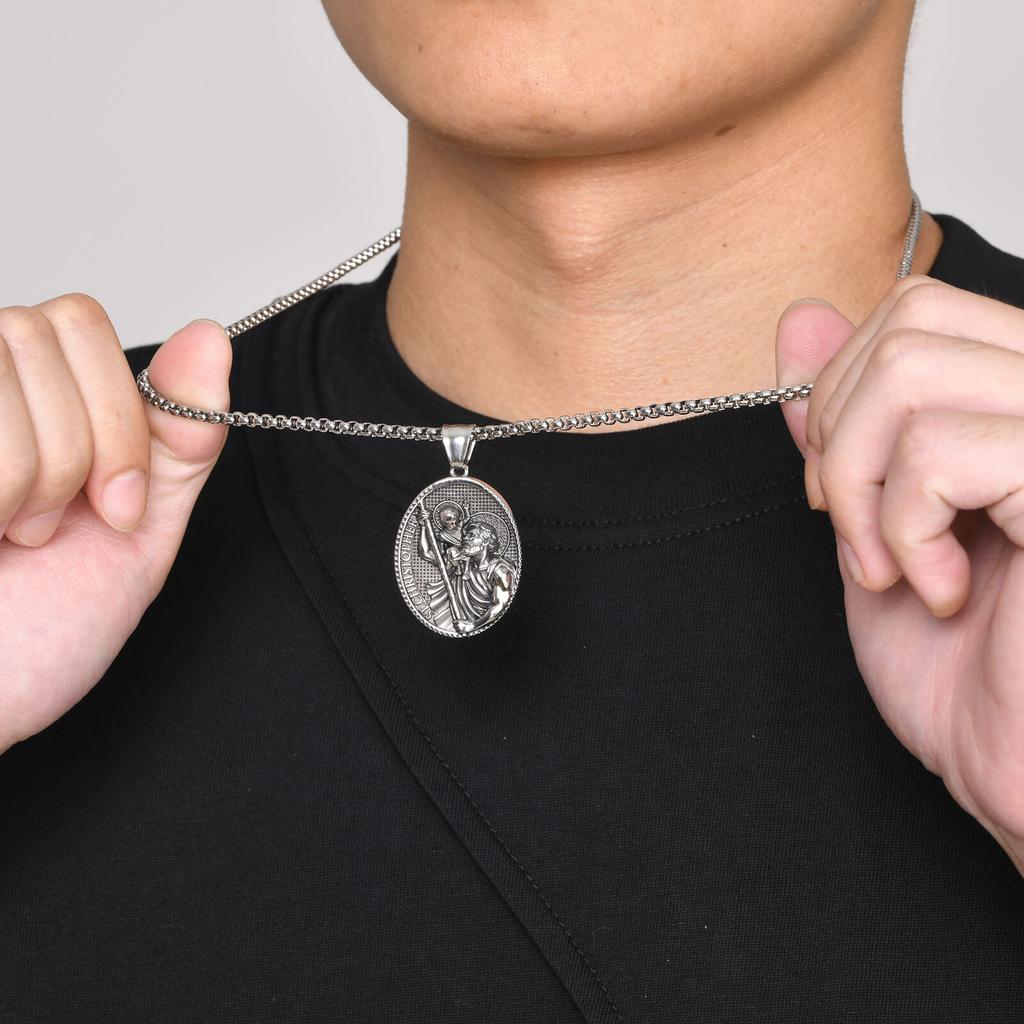 Vnox Stainless Steel Necklaces For Men Women Saint Christopher Elliptical Tag Black Pendant Classic Faith Jewelry Gifts