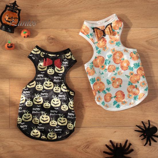 Dog T-shirt Halloween Pet Costume, Pumpkin Print Vest for Small Dogs Cats, Glitter Bow Festive Costume Tie Puppy Outfit, Cute Clothes Party