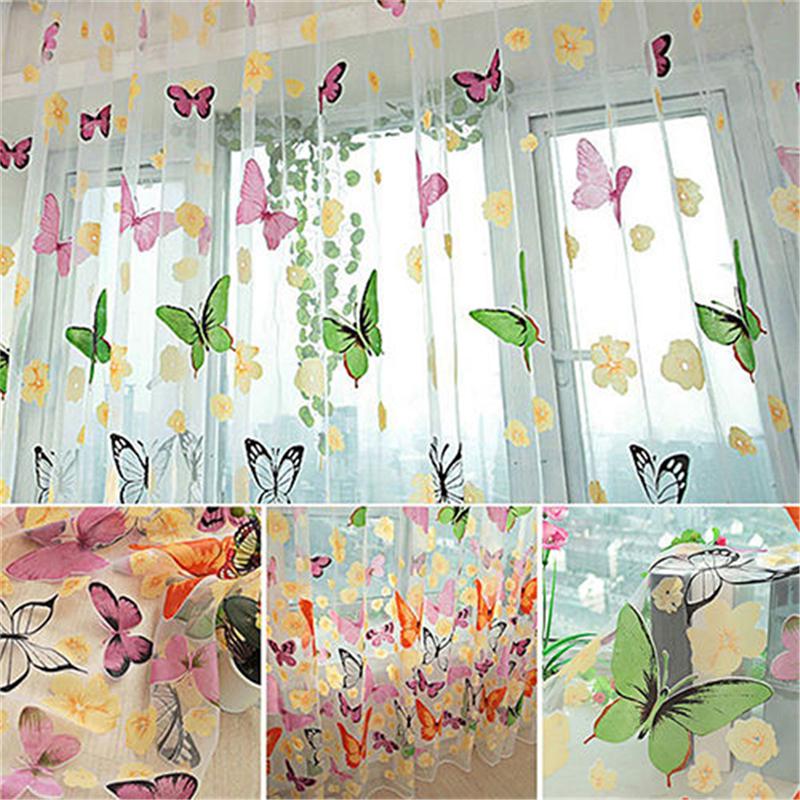 1Pc New Floral Butterfly Sheers Curtains Voile Tulle Door Window Curtain Valance
