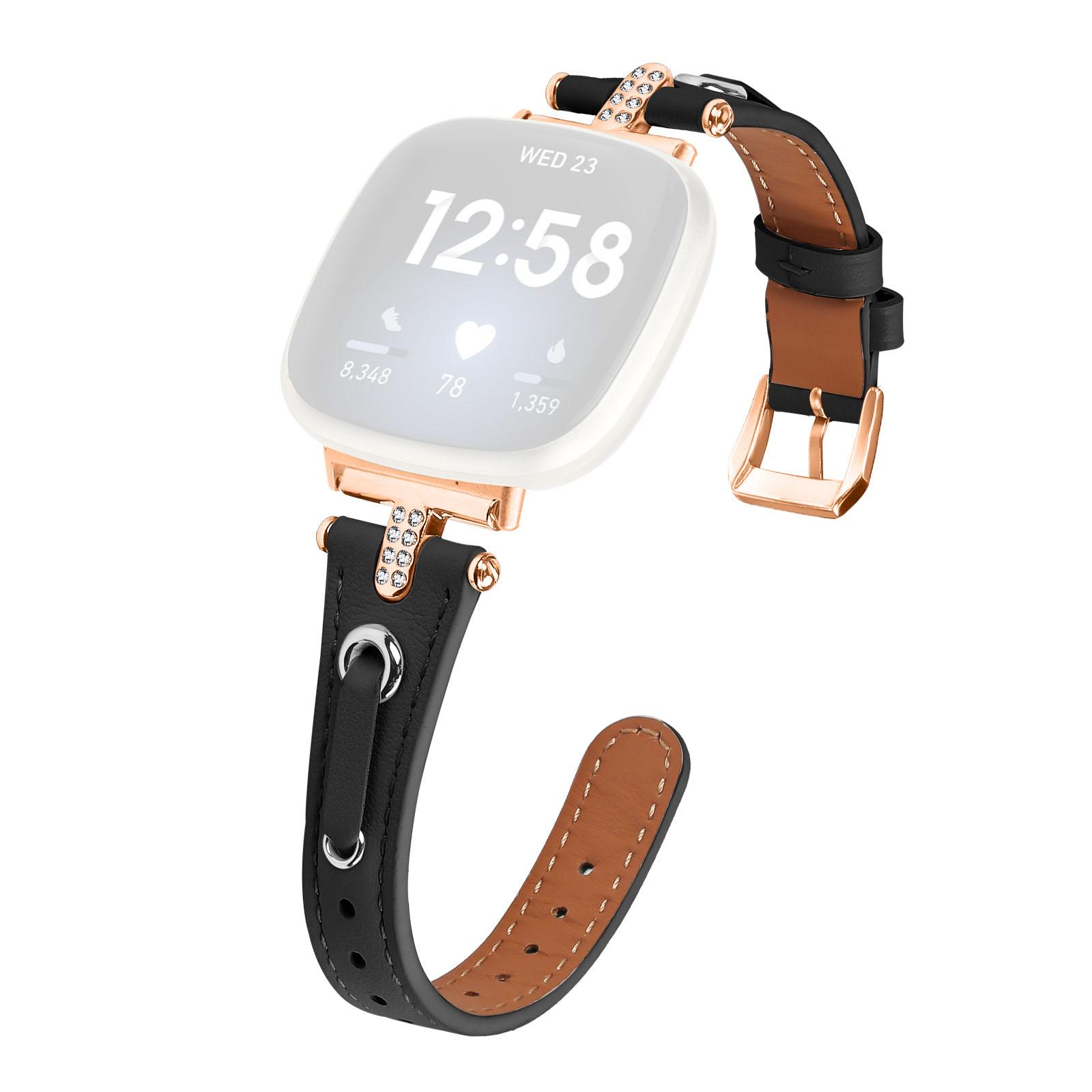

For Fitbit Versa 4/Sense 2 Watch Wrist Band Genuine Cow Leather Strap (Rose Gold Buckle) Black