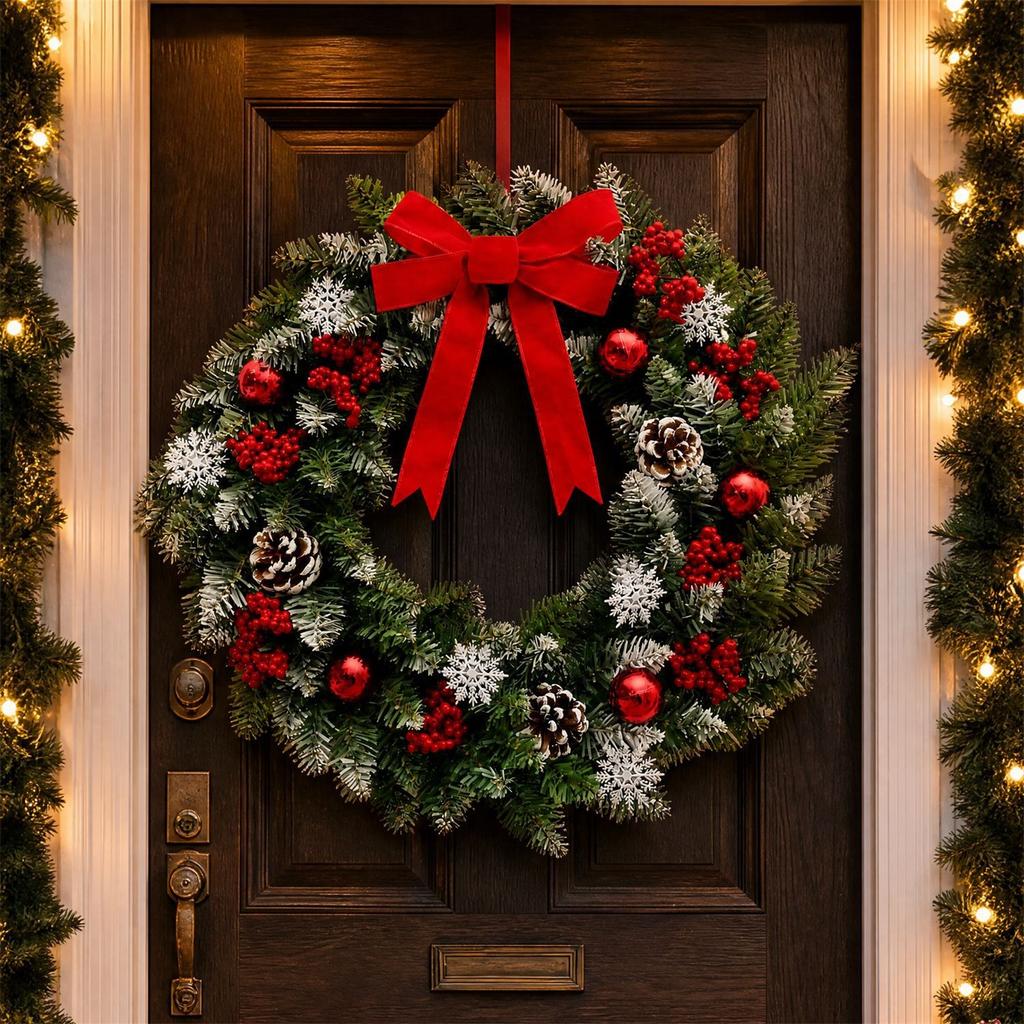 Ghirlanda di Natale con Rosso - 40cm Decorazione da Appendere alla Porta per Festa di Natale e Arredamento Casa