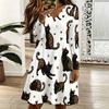 Women Plus Size Long Sleeve Scallop Neck Printed White Dress