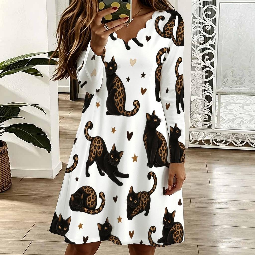 Women Plus Size Long Sleeve Scallop Neck Printed White Dress
