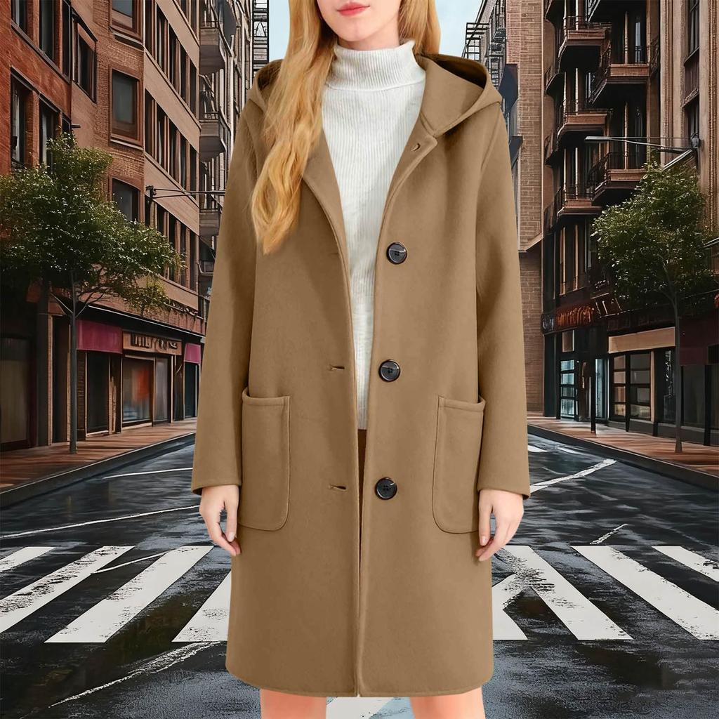 Einfarbige Damenjacke, lässig, lockere Passform, Knopfmäntel, geknöpfte Langarm-Oberbekleidung mit Tasche, Kapuzenmantel