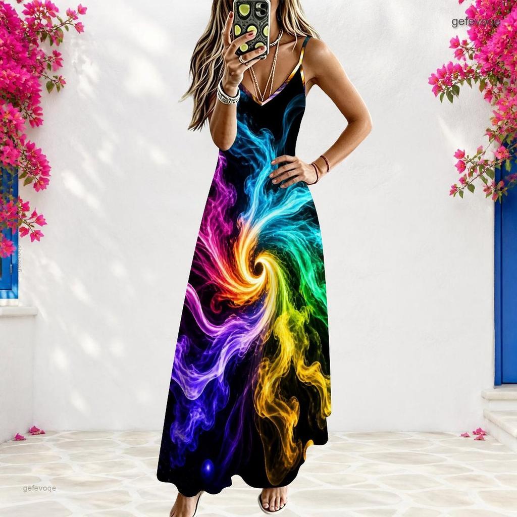 Women Plus Size Off Shoulder V Neck Spaghetti Strap Sleeveless Colorful Swirl Print A Line Long Dress