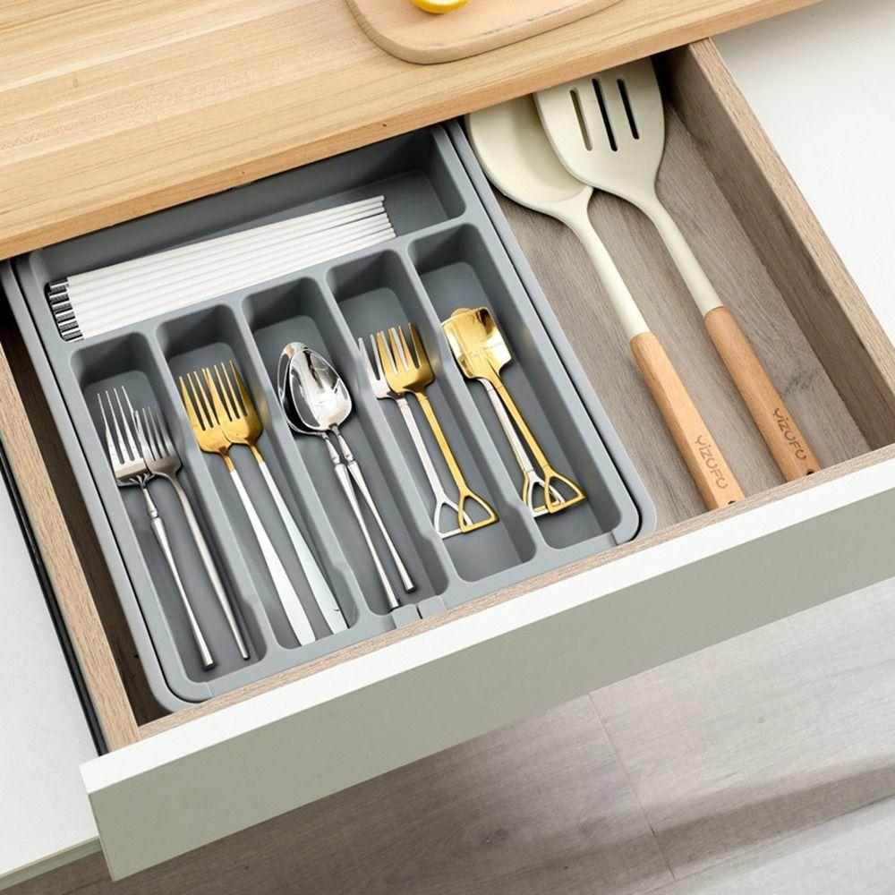 Plastic Cutlery Storage Tray Adjustable Silverware Drawer Organizer Utensil Tray Set for Home