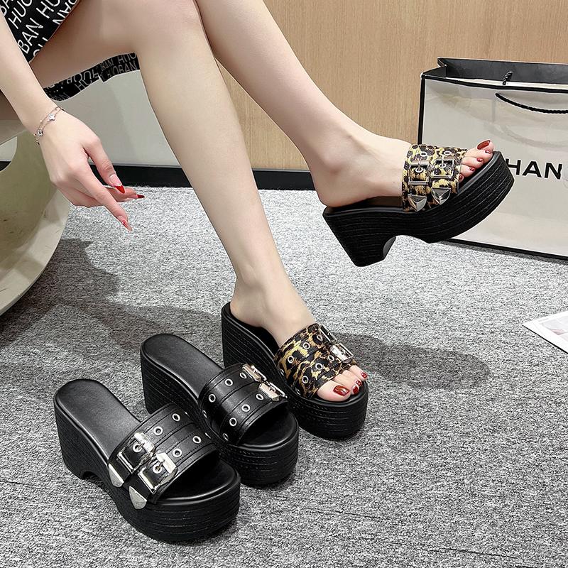 Fashion Sexy 9CM Thick Bottom Bow-shaped Women's Slippers Summer Platform Black Buckle Wedge Sandals Ladies Thick Casual Mules Sandalias