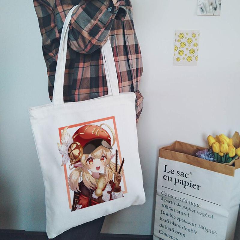 Shopper Genshin Impact Qiqi Anime Shopping Bag Harajuku Canvas Bag Large Capacity Collapsible Kawaii Women Shoulder Bag Handbag
