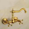 Luxury Gold Color Brass Bathroom Kitchen Sink Basin Faucet Mixer Tap Swivel Spout Wall Mounted Dual Cross Handles
