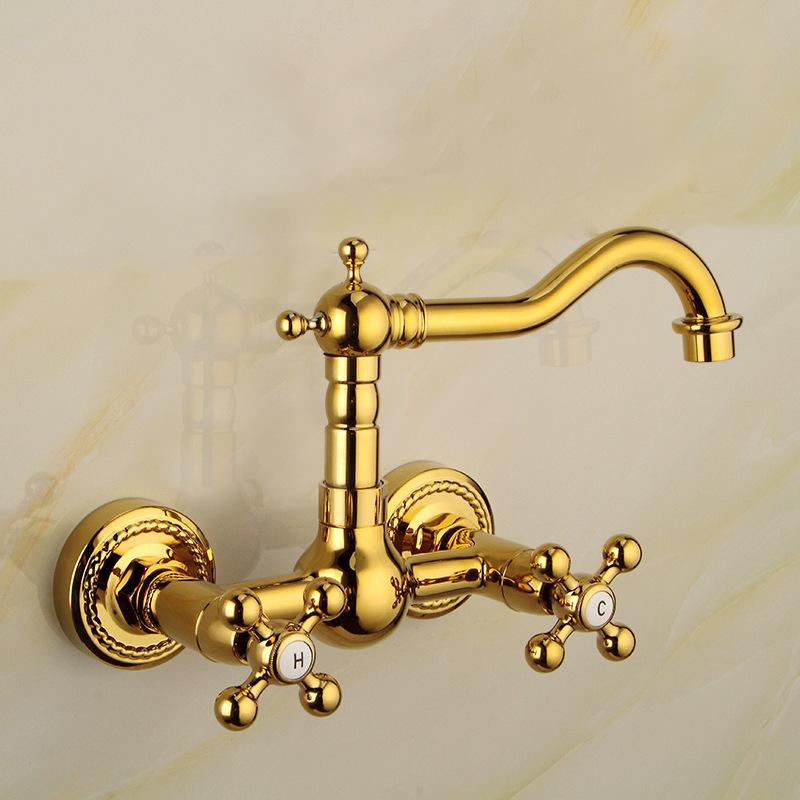Luxury Gold Color Brass Bathroom Kitchen Sink Basin Faucet Mixer Tap Swivel Spout Wall Mounted Dual Cross Handles