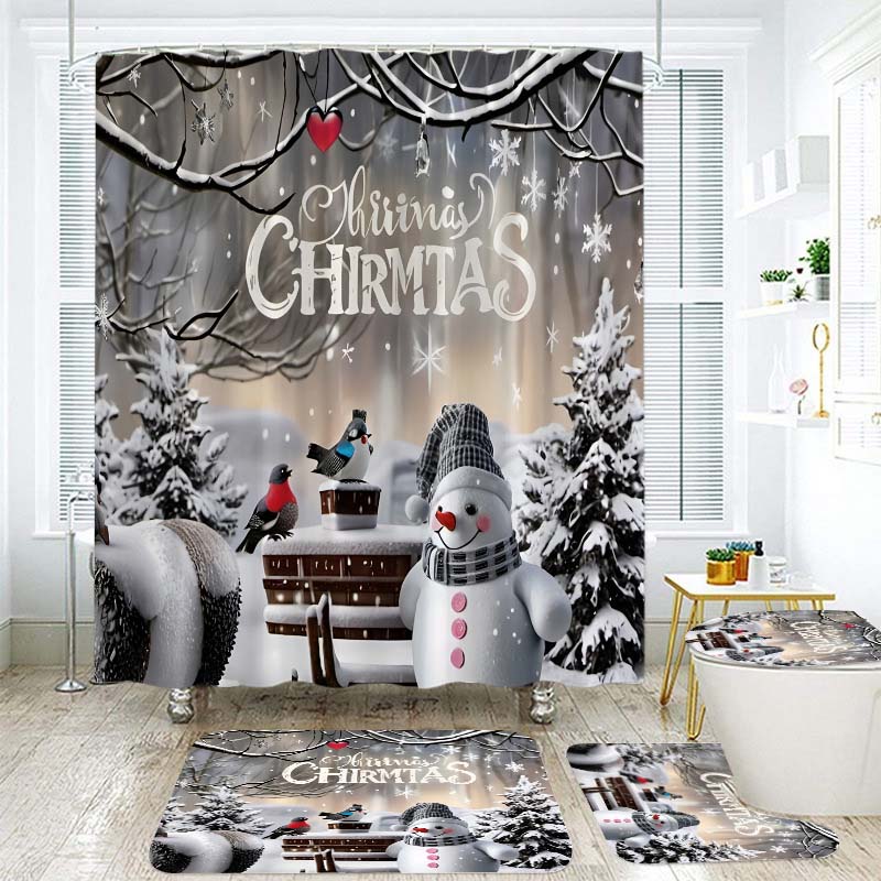 Weihnachtsgeschenke Badezimmer Duschvorhang Teppich Set Weihnachtsmann Schneemann Frohes Neues Jahr Polyester Duschvorhänge Badezimmer Dekor