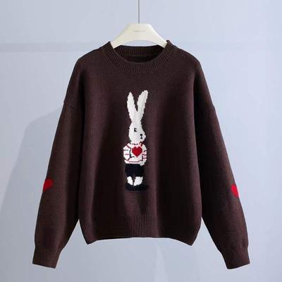 Lässiger Damenpullover, zeitloses Kawaii-Kaninchenherz, Jacquard, Rundhalsausschnitt, lockeres Langarm-Strickoberteil