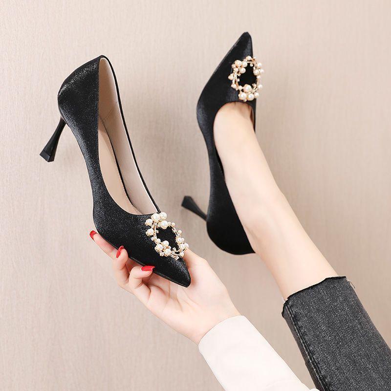 Bride thin heel pointed wedding shoes women's 2025 new show He red high heels women's pearl rhinestone single shoes women