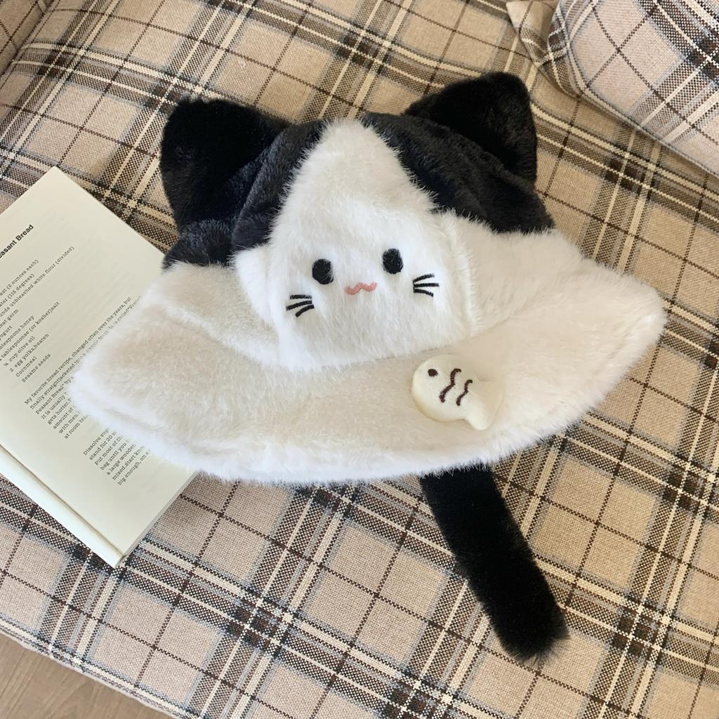 Rabbit ears plush hat women's autumn and winter warm big head circumference bucket hat cartoon college wind washbasin hat
