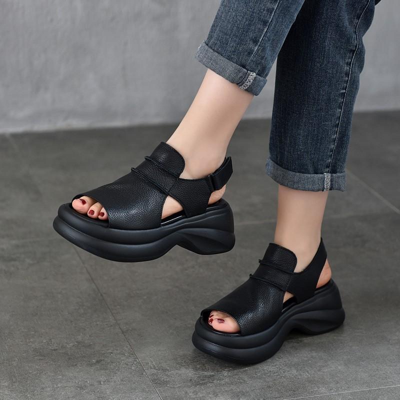 Johnature Sandálias Leves de Sola Grossa com Peep Toe Versátil Casual Couro Genuíno Sola Macia Sapatos Femininos