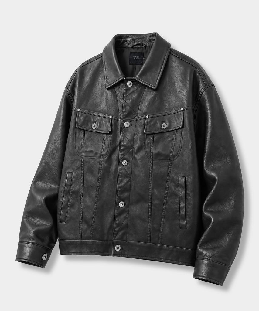 DIMITRI BLACK Faux Leather Riders Trucker Jacket_2 Color