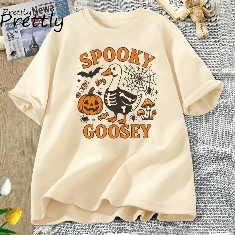 Spooky Goosey TShirt Funny Halloween Goose T Shirt Cute Horror Short Sleeve Pumkin Tshirt Fall Vintage Women Clothing Tops