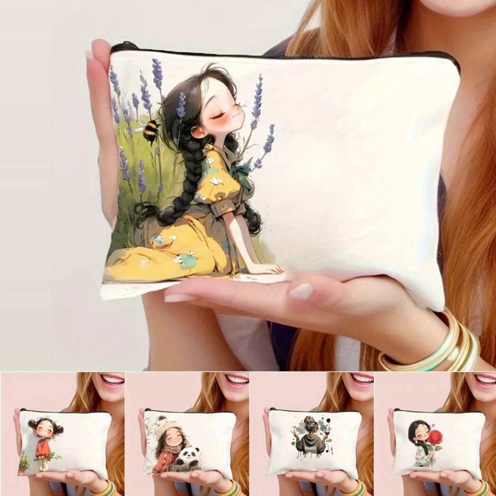 Unique Canvas Makeup Bags Large Capacity Zipper Closure Travel Toiletry Bag Cute Girl Pattern Pencil Case Girls