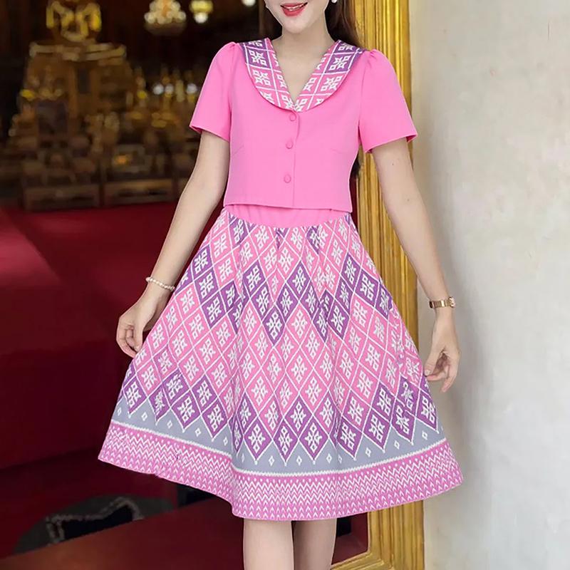 ZANZEA Women V-Neck Casual Short Sleeve Print Elegant Dress M розовый