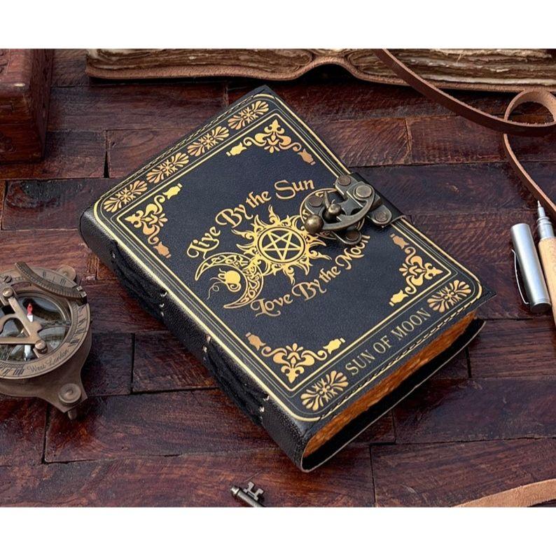 

Leather journal Celestial Triple Moon and pentagram Journal • Blank Witches Spell Book of Shadows • Grimoire journal Vintage deckle paper 7 x 5 in