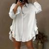 Women Oversized Lapel Collar Shirt Dress Long Sleeve Ruffle Hem Side Split Loose Casual Beach Cover‑Up Tunic Blouse