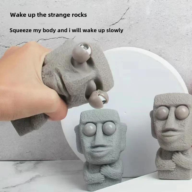 Stone Man Releases Stress Toy Slowly Rebounds Soft Moai Statue Squeeze Eyes Interested Expression Relaxes Stress Children's Gift