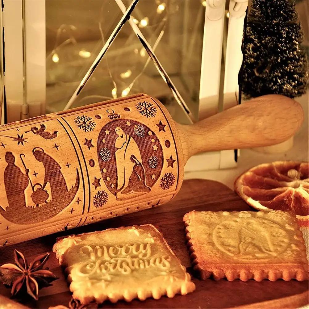Kitchen Nativity Engraved Rolling Pin Embossed Dough Roller Xmas Cookie Cutter Pastry Christmas Gifts Carved Mold Cookies Natal
