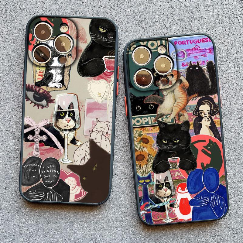 Artistic Image Stitching Black Cat Phone Case For iPhone 14 13 12 Mini 11 Pro Max 16 15 Pro Max Plus XS XR X 7 8 SE2 Back Covers