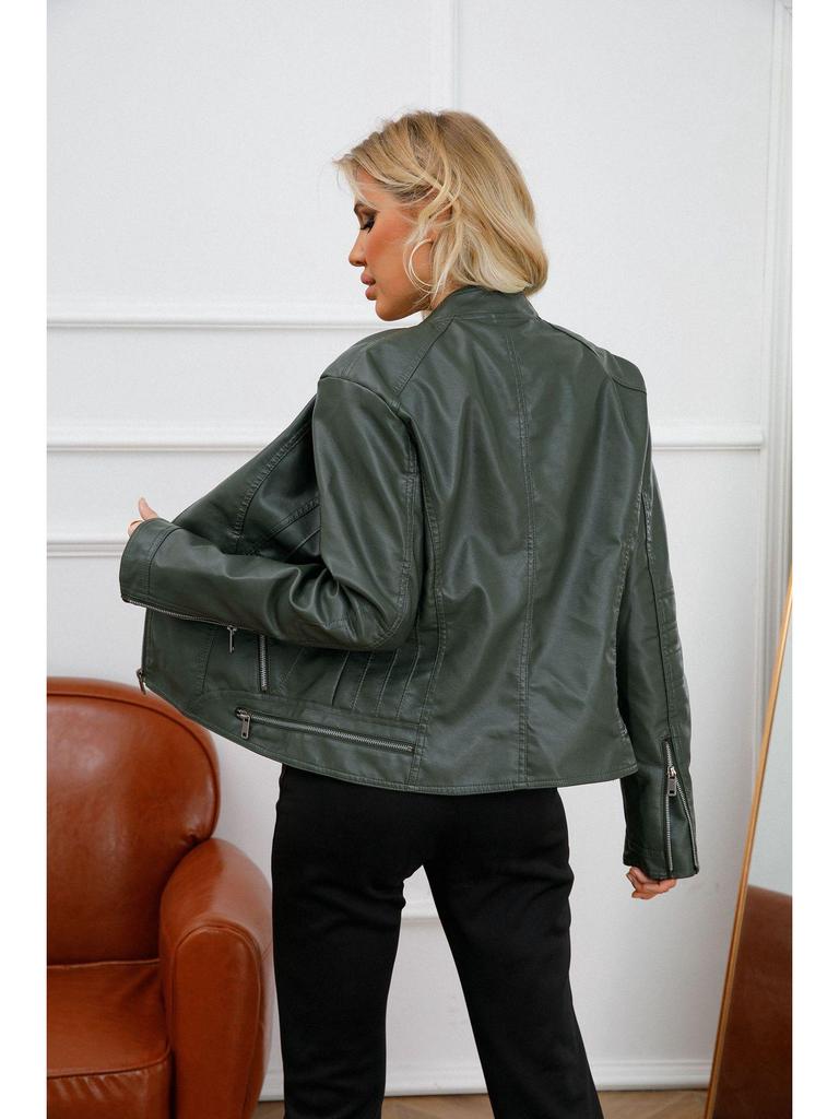 Jachetă de motociclist din piele pentru femei, europeană și americană, slim fit, cu guler înalt, 2022