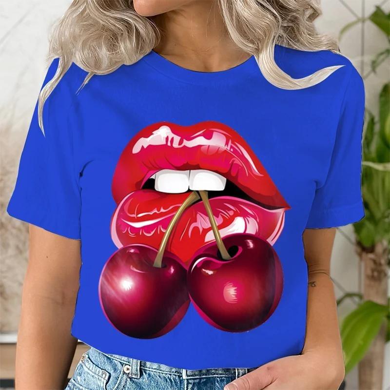 Summer Fashion Women's T-Shirt Lips Cherry 3D Printed Short Sleeve Tops Girl Loose Casual Loose Oversize Outdoor Clothing
