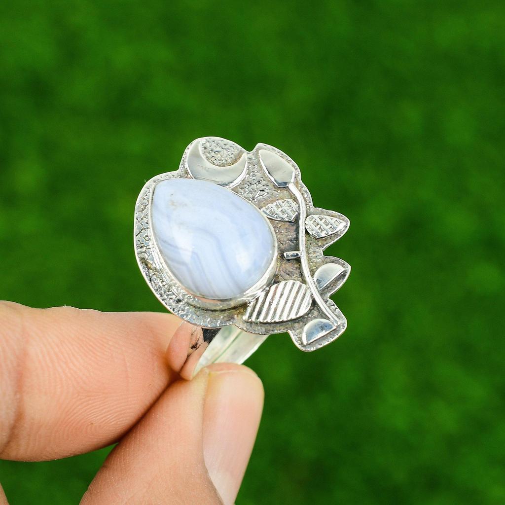 Natural Blue Lace Agate 925 Silver Trendy Cescent Moon Sister Stackable New Ring