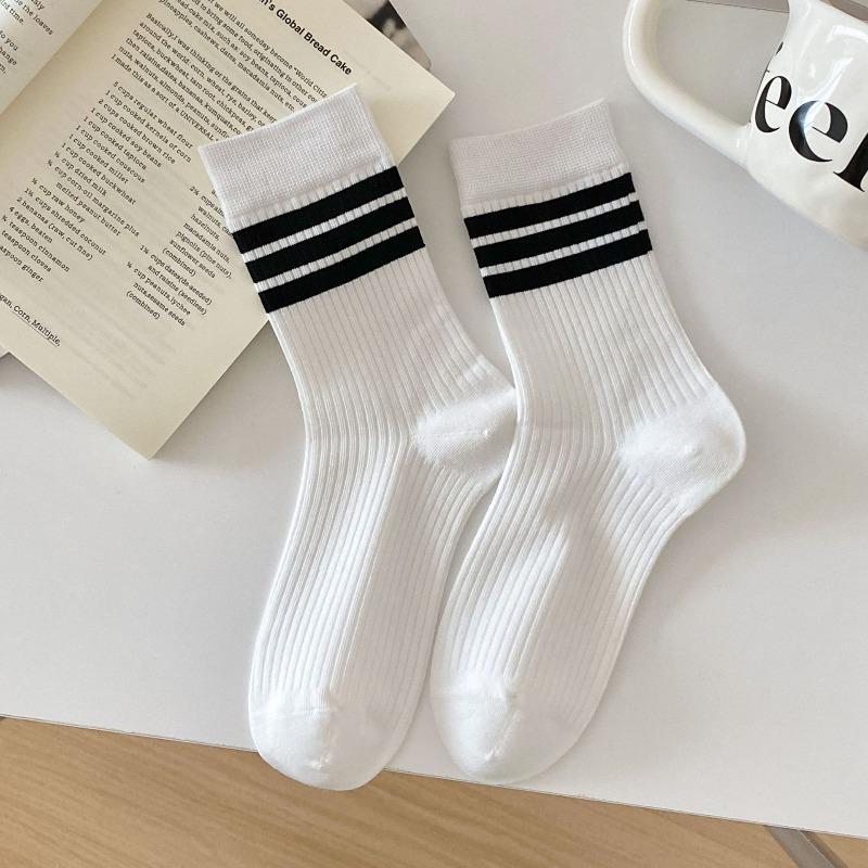 Chaussettes mi-mollet sans bordure à trois rayures pour femmes, Tendance et polyvalente, Chaussettes bouclettes style étudiant, Coton pour l'automne et l'hiver