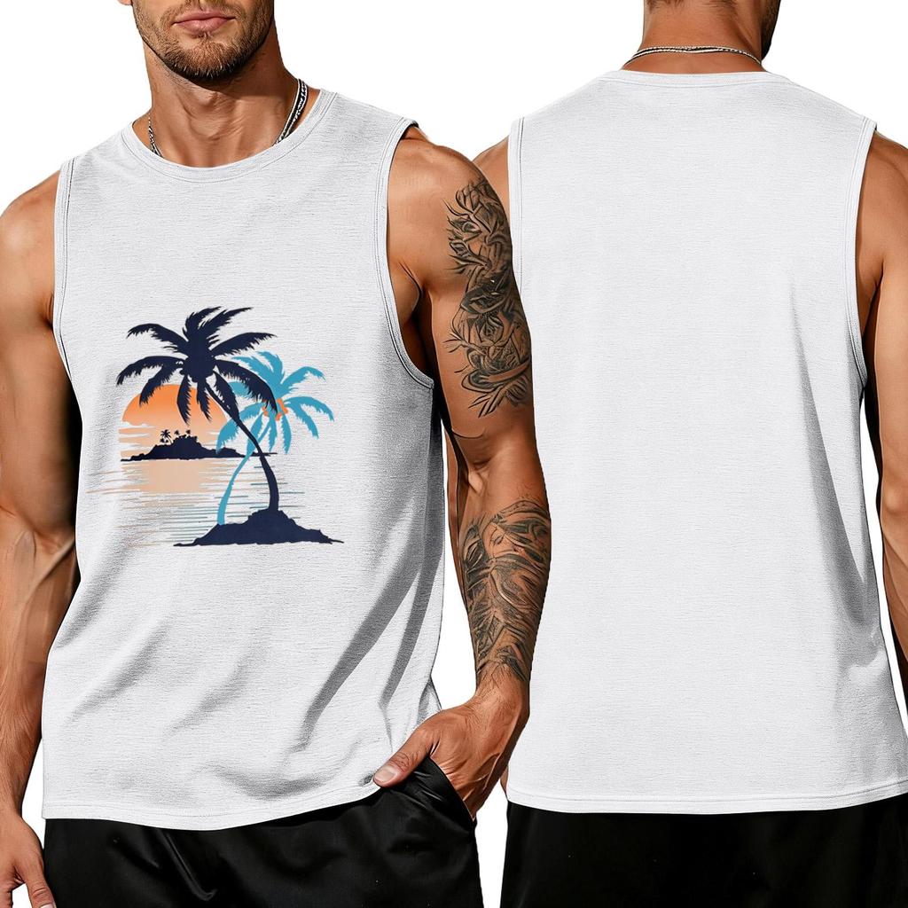 Men’s Sleeveless Crew Neck Tank Top with Tropical Tree and Print Casual Relaxed Fit Shirt
