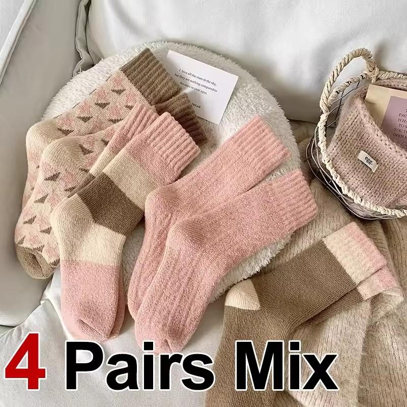 4 Pairs Women's Autumn Winter Mid-Length Socks Fashionable Versatile Purple Heart-Shaped Soft Warm Comfortable Casual Long Socks