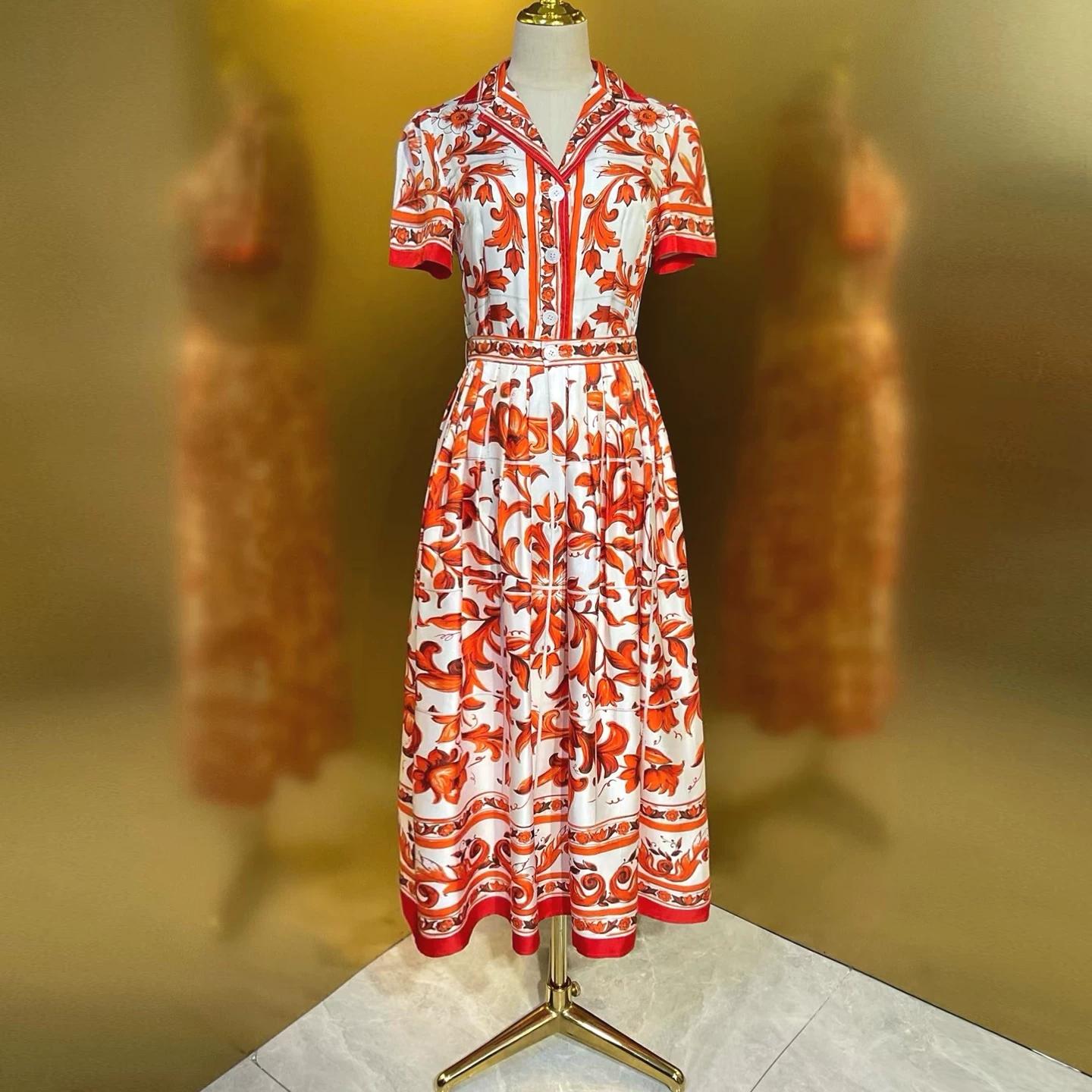 High Quality Ceramic-Print Short-Sleeve Belted Slim Midi Dress for Women Notched Collared Single-Breasted Shirt Dress Women s Summer Dress S