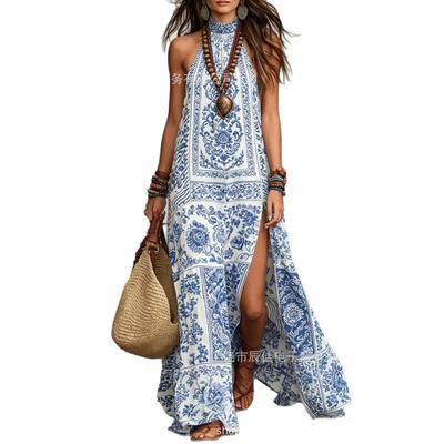 European and American Blue and White Porcelain Suspender Dress Printed Long Dress Early Summer Blue and White Porcelain Dress