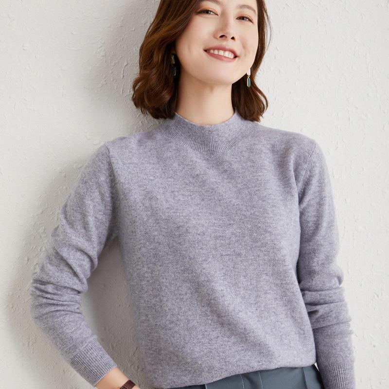 Half High Neck Sweater for Women Pullover Knitted Base Solid Color Loose Long Sleeved Sweater