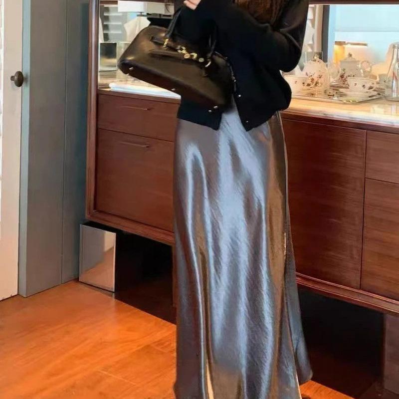 Women's Autumn Satin Half Skirt Silky Drapey Long Umbrella Skirt A-Line Premium Bodycon Mermaid Skirt