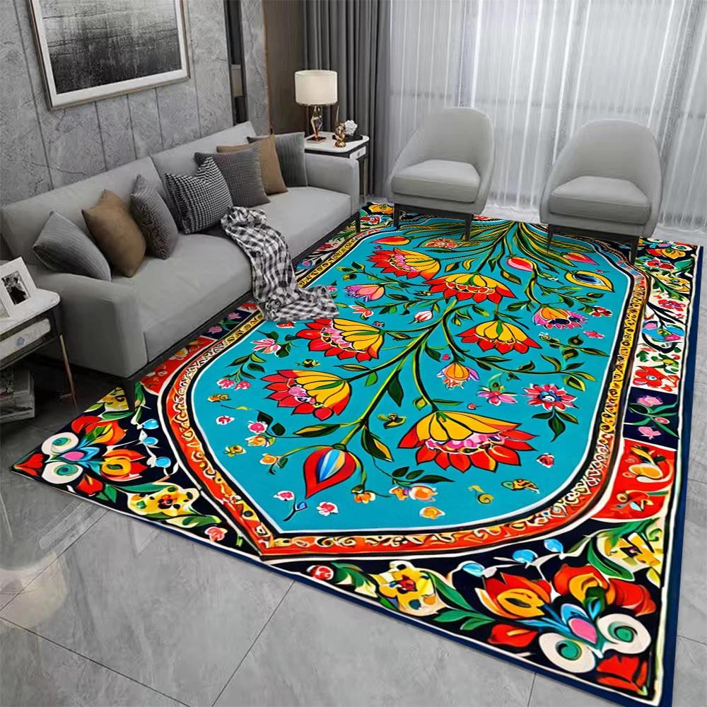 Tapis Style Rétro Bohème Perse Fleurs Salon Chambre Balcon Canapé Table Tapis de Porte Antidérapant Lavable en Machine Tapis de Maison Décor