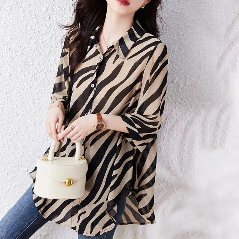 Women's Seven-minute Sleeve Striped Sunscreen Chiffon Shirt Thin Section Loose Belly-shading Blouse