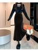 830 Composite Super Soft Black Gold Velvet High-Waist Fishtail Skirt - Women's Retro Slimming Mid-Length Hip-Hugging Skirt
