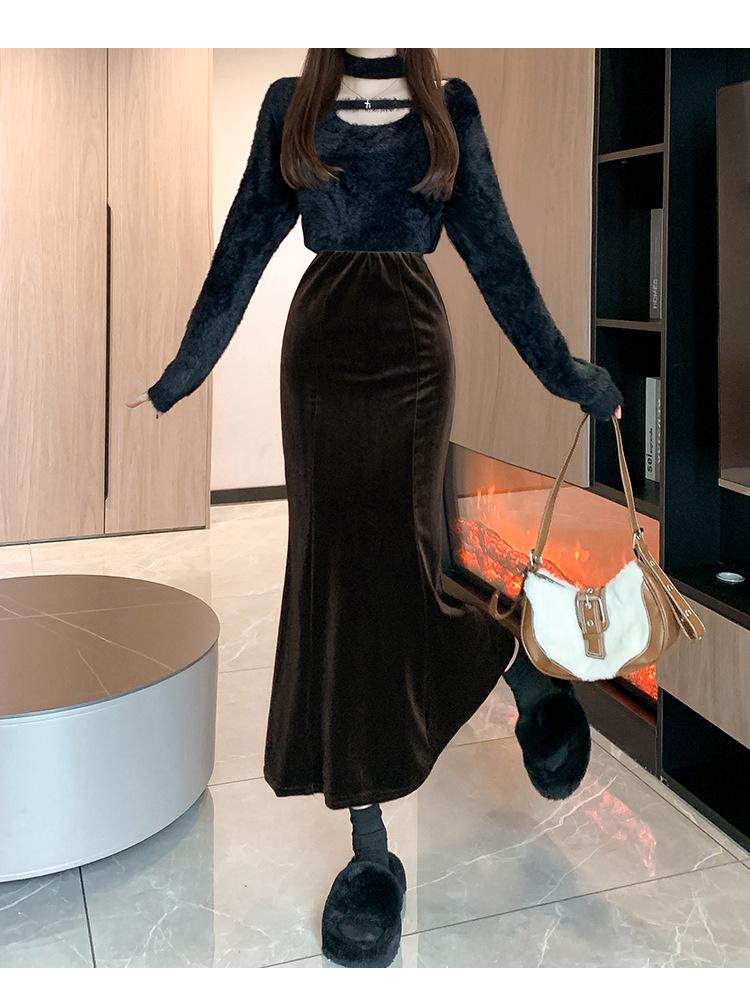 830 Composite Super Soft Black Gold Velvet High-Waist Fishtail Skirt - Women's Retro Slimming Mid-Length Hip-Hugging Skirt